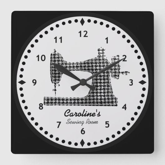 Houndstooth Check Sewing Machine Wall Clock Vierkante Klok (Voorkant)