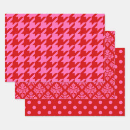Houndstooth, Damask, Dot DIY Colors Red Pink Inpakpapier Vel