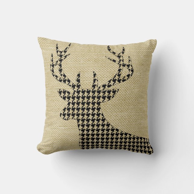 Houndstooth Deer Silhouette over Burlap | tarwe Kussen (Voorkant)
