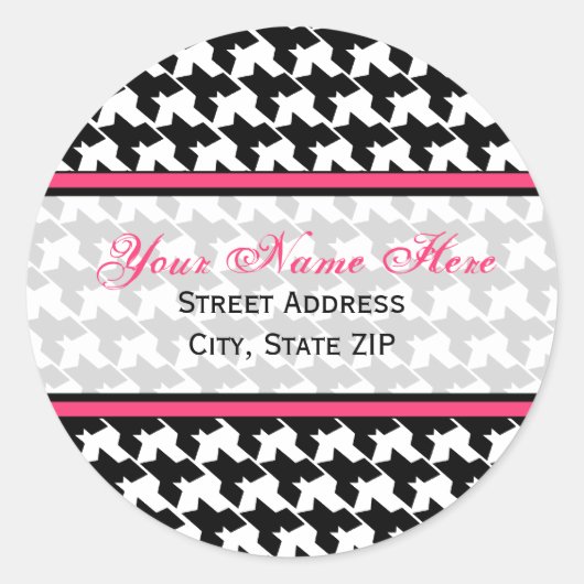 Houndstooth met roze Adresetiketten Ronde Sticker (Voorkant)