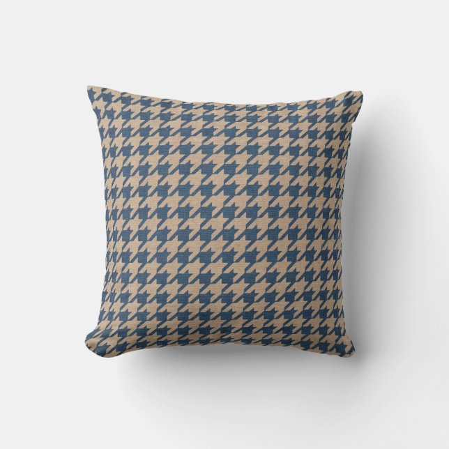 Houndstooth Pattern Denim Blue en Tan Kussen (Voorkant)