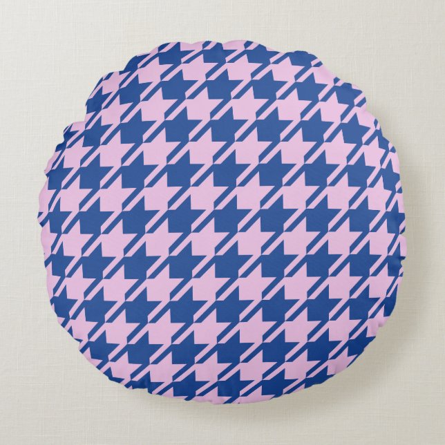 Houndstooth Roze + Blauw Patroon Rond Kussen (Voorkant)