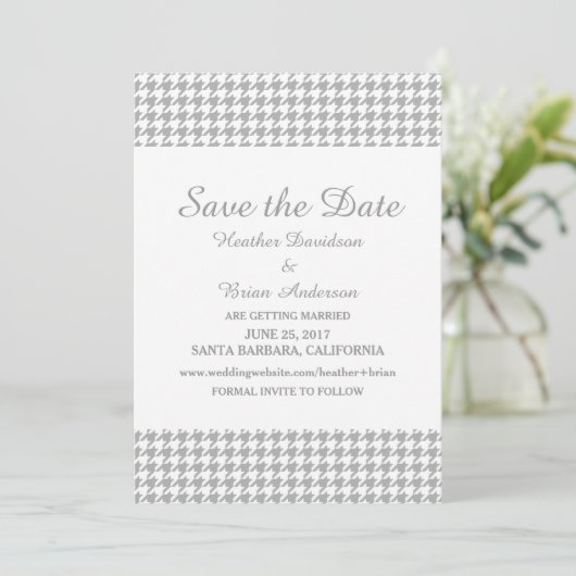 Houndstooth Save the Date Invite, Grey Kaart (Staand voorkant)