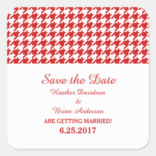 Houndstooth Save the Date Stickers, Red Vierkante Sticker