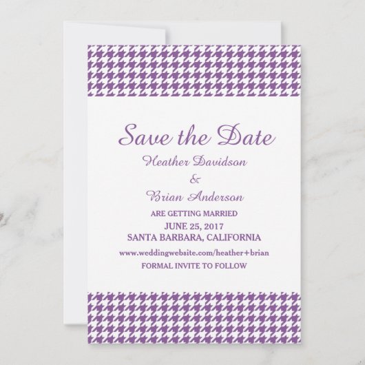 Houndstooth Save the Date-uitnodiging, paars Kaart (Voorkant)
