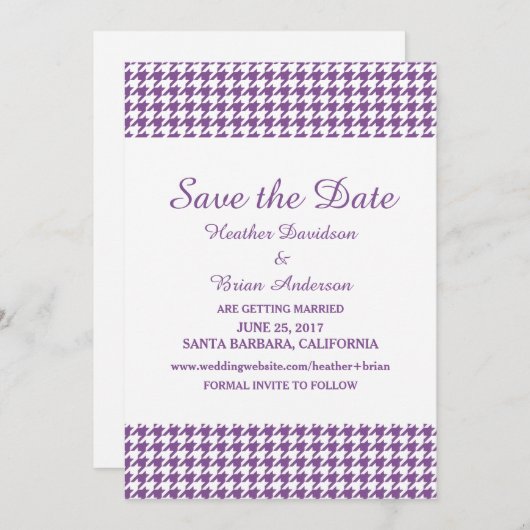 Houndstooth Save the Date-uitnodiging, paars Kaart (Voorkant / Achterkant)