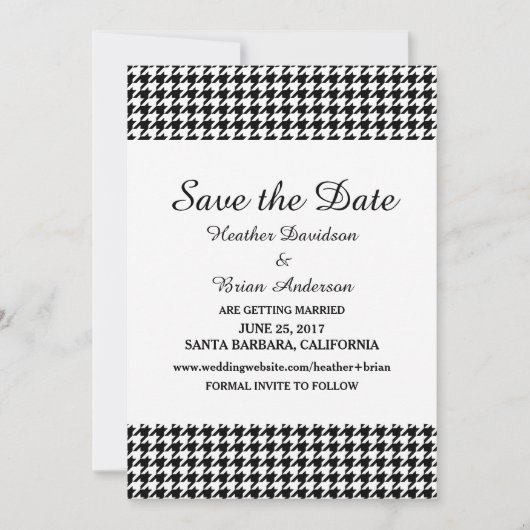 Houndstooth Save the Date-uitnodiging, Zwart Kaart (Voorkant)