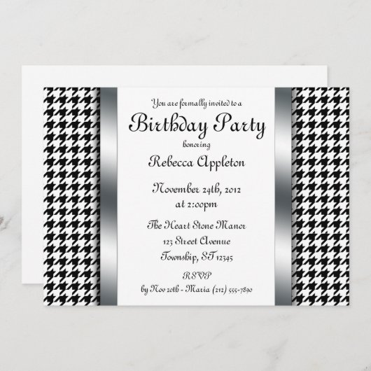 Houndstooth & Silver Design Invitations de fête d' (Devant / Derrière)