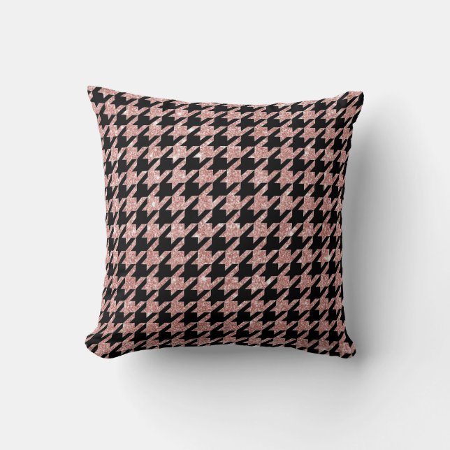 Houndstooth Zwart Roze Glitter Kussen (Voorkant)