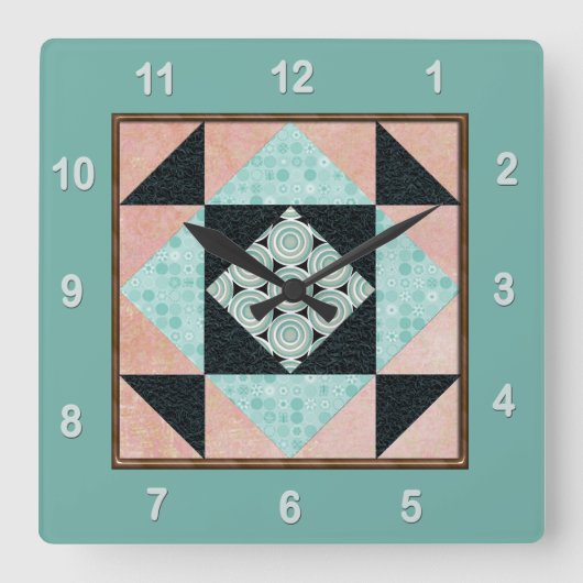Hourglass Patch Quilt Block Turquoise & Peach Vierkante Klok (Voorkant)