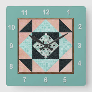 Hourglass Patch Quilt Block Turquoise & Peach Vierkante Klok