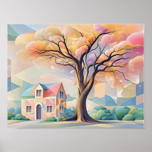 House and Tree in Art Deco Pastels Poster (Voorkant)