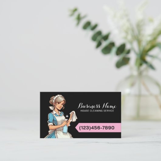 House Cleaning Service Zwart & Roze Huishouding Visitekaartje (Staand voorkant)