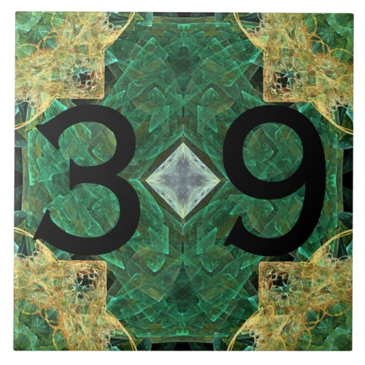 House Number Gold Green Pattern Ceramic Tile Tegeltje (Voorkant)