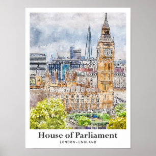 House of Parliament Londen Waterverf Hand getekend Poster