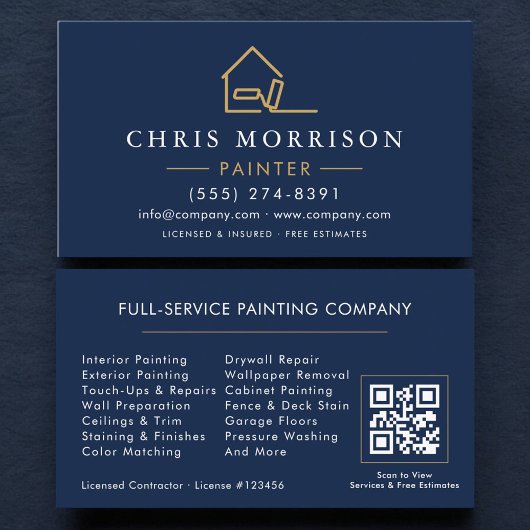 House Painter Navy Blue Gold QR Code Visitekaartje