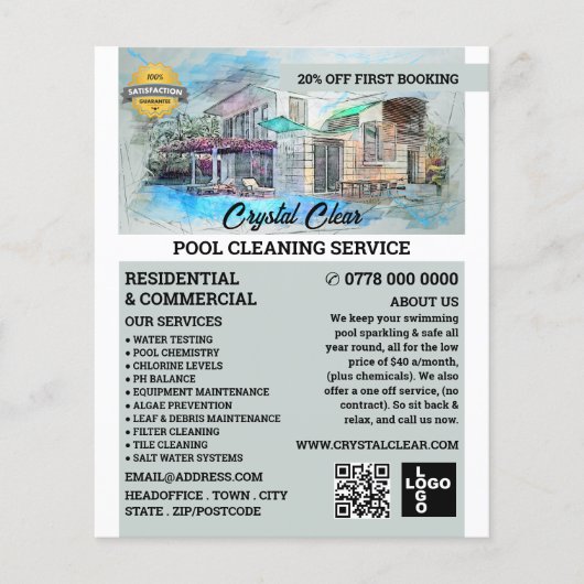 House Pool Sketch, Swimming Pool Cleaning Flyer (Voorkant)