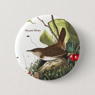 House Wren by John James Audubon, Birdwatcher Bird Ronde Button 5,7 Cm