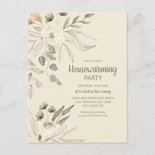 Housewarming Party Cream Brown Waterverf Floral Briefkaart (Voorkant)