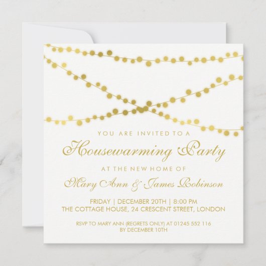Housewarming Party Gold Ggloed String Lights Kaart (Voorkant)