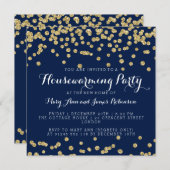 Housewarming Party Gold Glitter Confetti Navy Blue Kaart (Voorkant / Achterkant)