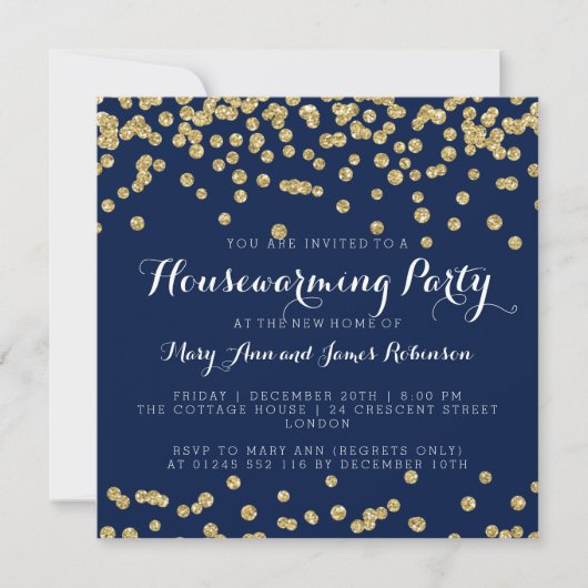 Housewarming Party Gold Glitter Confetti Navy Blue Kaart (Voorkant)