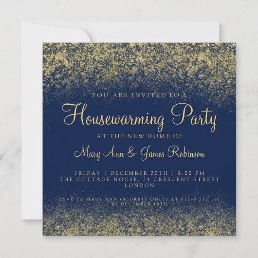 Housewarming Party Gold Glitter Dust Navy Blue Kaart (Voorkant)