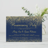 Housewarming Party Gold Glitter Dust Navy Blue Kaart (Staand voorkant)