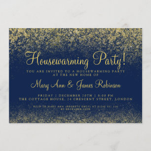 Housewarming Party Gold Glitter Dust Navy Blue Kaart