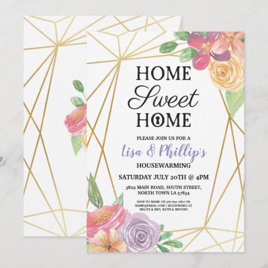 Housewarming Party Gold Lijst Summer Floral Invite Kaart (Voorkant / Achterkant)