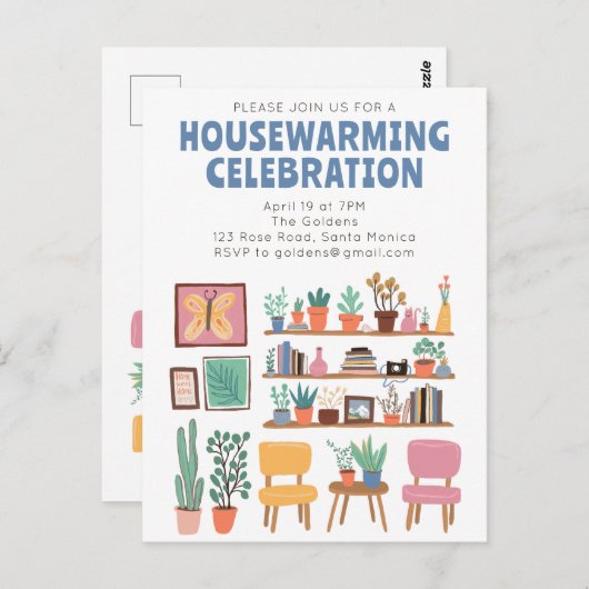 Housewarming Party Nodig Schattigee woonkamer plan Briefkaart (Voorkant / Achterkant)