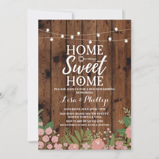Housewarming Party Rustial Floral Wood Key Invite Kaart (Voorkant)