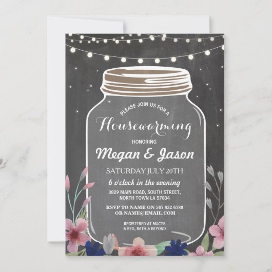 Housewarming Party Rustic Jar Chalk Floral Invite Kaart (Voorkant)