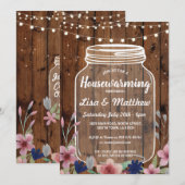 Housewarming Party Rustic Jar Wood Floral Invite Kaart (Voorkant / Achterkant)