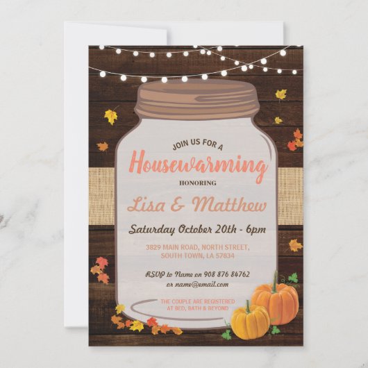 Housewarming Party Rustic Jar Wood Pumpkin Invite Kaart (Voorkant)