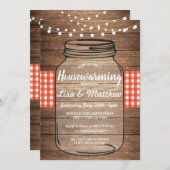 Housewarming Party Rustic Jar Wood Red Gingham Kaart (Voorkant / Achterkant)