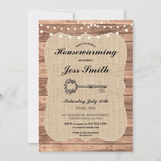 Housewarming Party Rustic Wood Burlap BBQ Uitnodig Kaart (Voorkant)