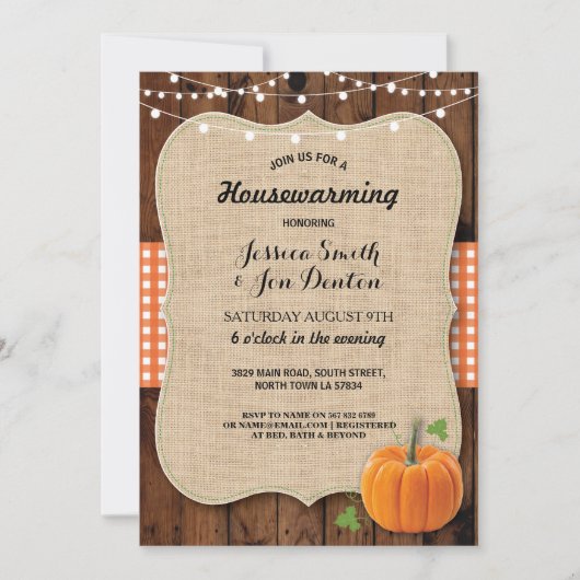 Housewarming Party Rustic Wood Pumpkin Burlap Kaart (Voorkant)