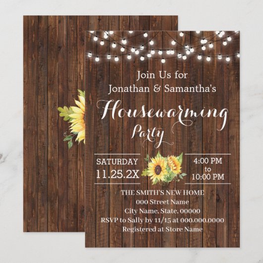 Housewarming Party Rustic Wooden Sunflower Kaart (Voorkant / Achterkant)