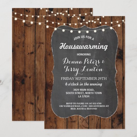 Housewarming Rustige lights Wood Chalk Invite Kaart (Voorkant / Achterkant)
