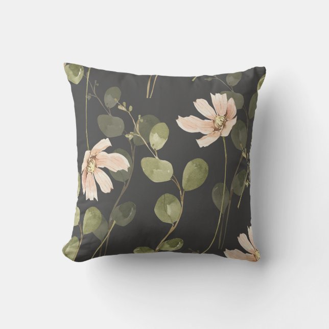 Housse de Coussin de Jet Floral Botanique Foncé (Recto)
