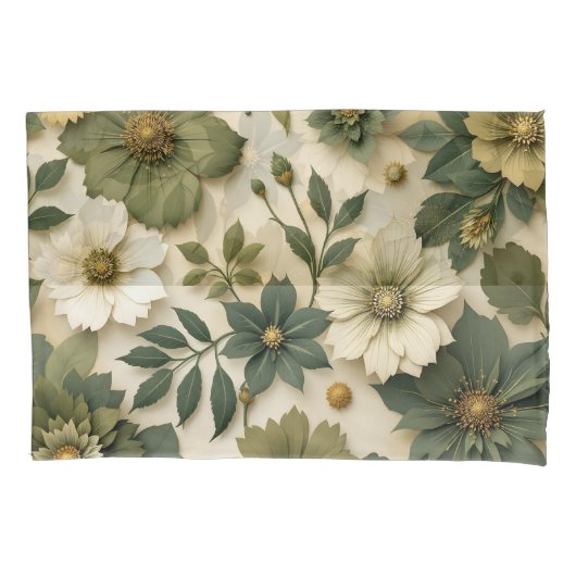 Housse d'oreiller motif fleurs vertes  (devant-gauche)
