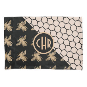 Housse D'oreillers Abeilles noires et d'or et monogramme d'abeille ro