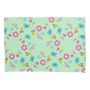 Housse D'oreillers Abeilles, oiseaux et fleurs vert motif