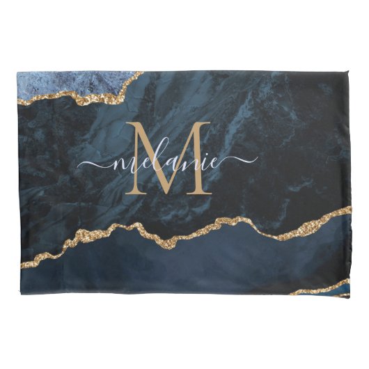 Housse D'oreillers Agate Marine Blue Gold Nom Lettre Coussin Coque (devant)