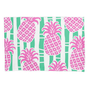 Housse D'oreillers Ananas Bambou rayures rose et Motif vert