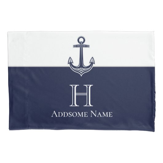 Housse D'oreillers Ancre Bleue de la marine nautique Monogramme (devant)