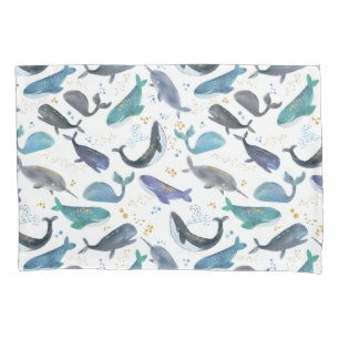 Housse D'oreillers Aquarelle Baleines Océan Poisson Or Bleu