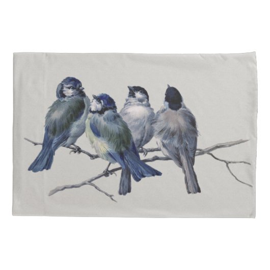 Housse D'oreillers Aquarelle Bleu Gris Oiseaux sur une branche (Dos-gauche)