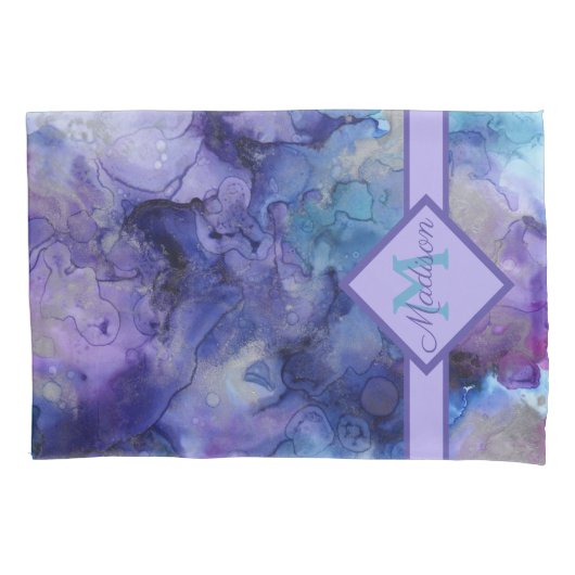 Housse D'oreillers Aquarelle marbrée violette et bleue Monogramme (devant)